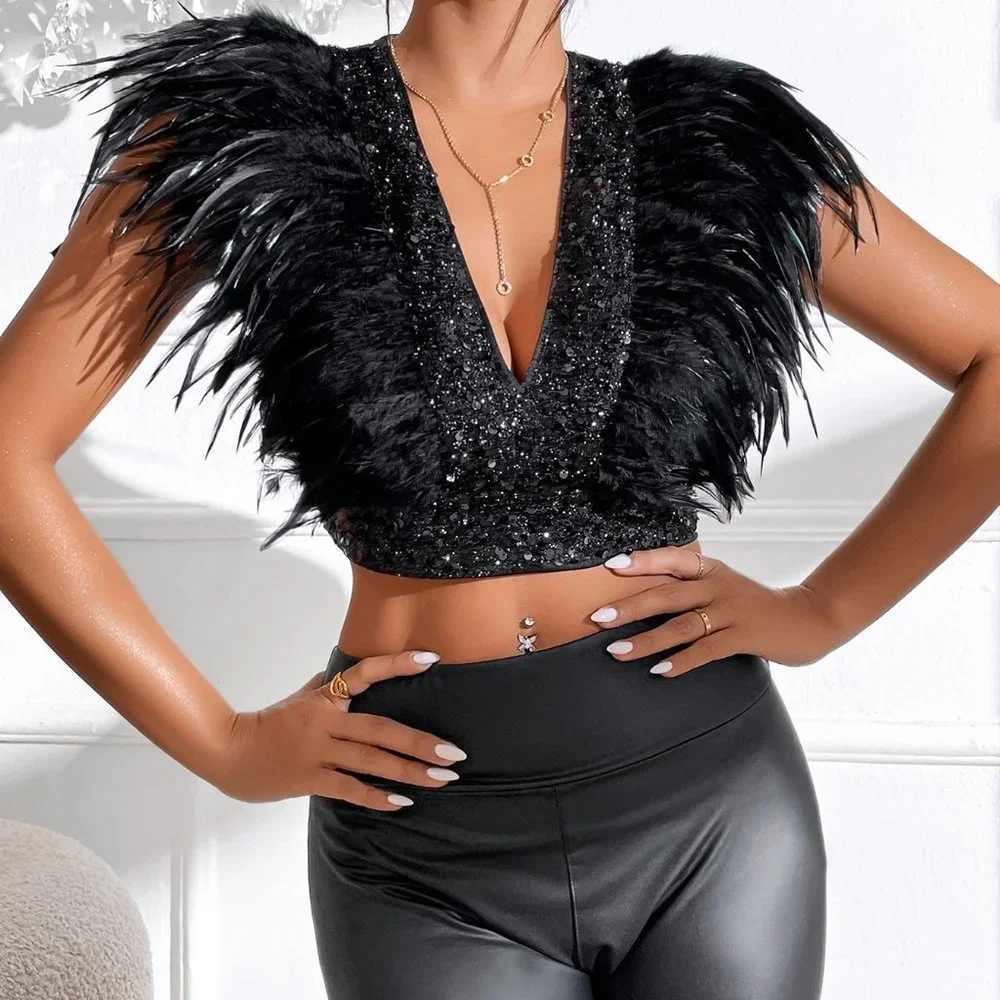 Black Party Womens Fuzzy Trim Zipper Back Crop Top - Picture 2 of 5